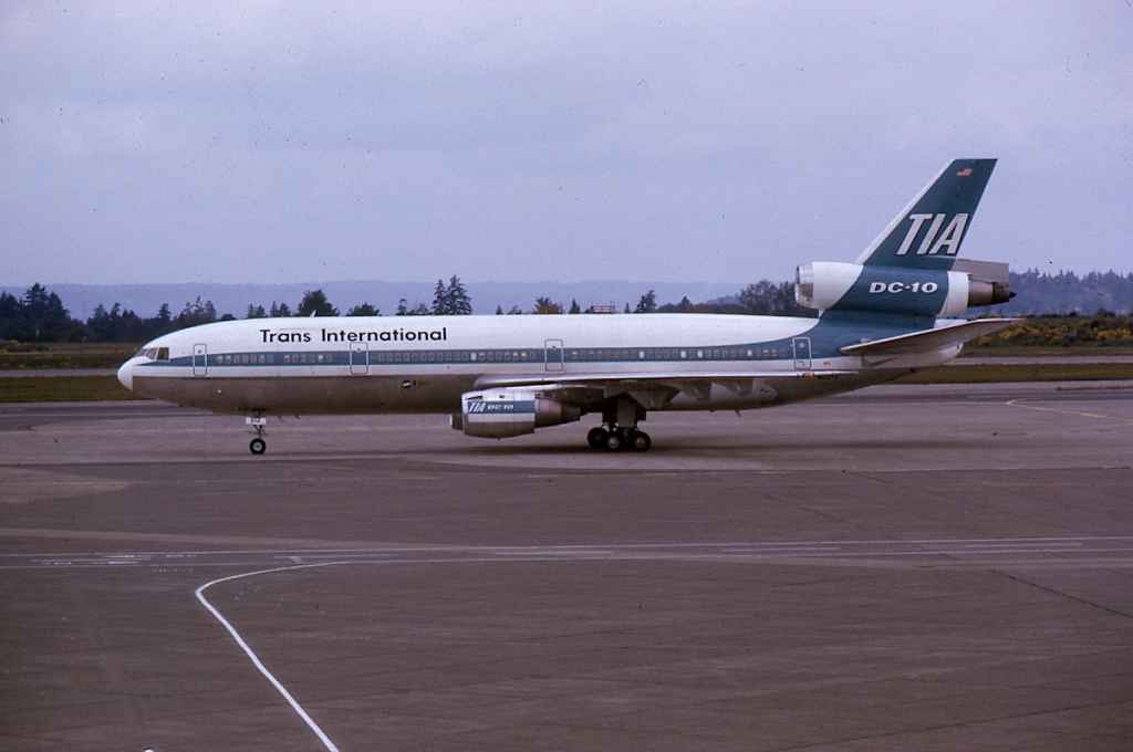 Trans International DC-10 N102TV at Seattle in June 1974. (John Blatherwick slide)