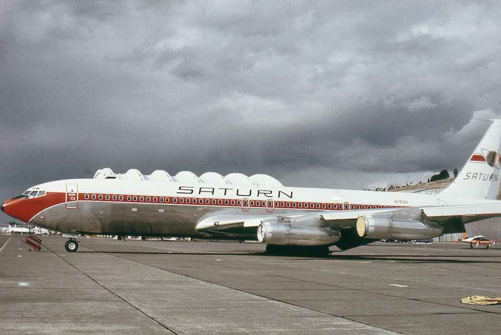 Saturn Airways 707-320C N763U at Seattle Boeing Field circa late 1960s, possibly awaiting delivery to the airline.