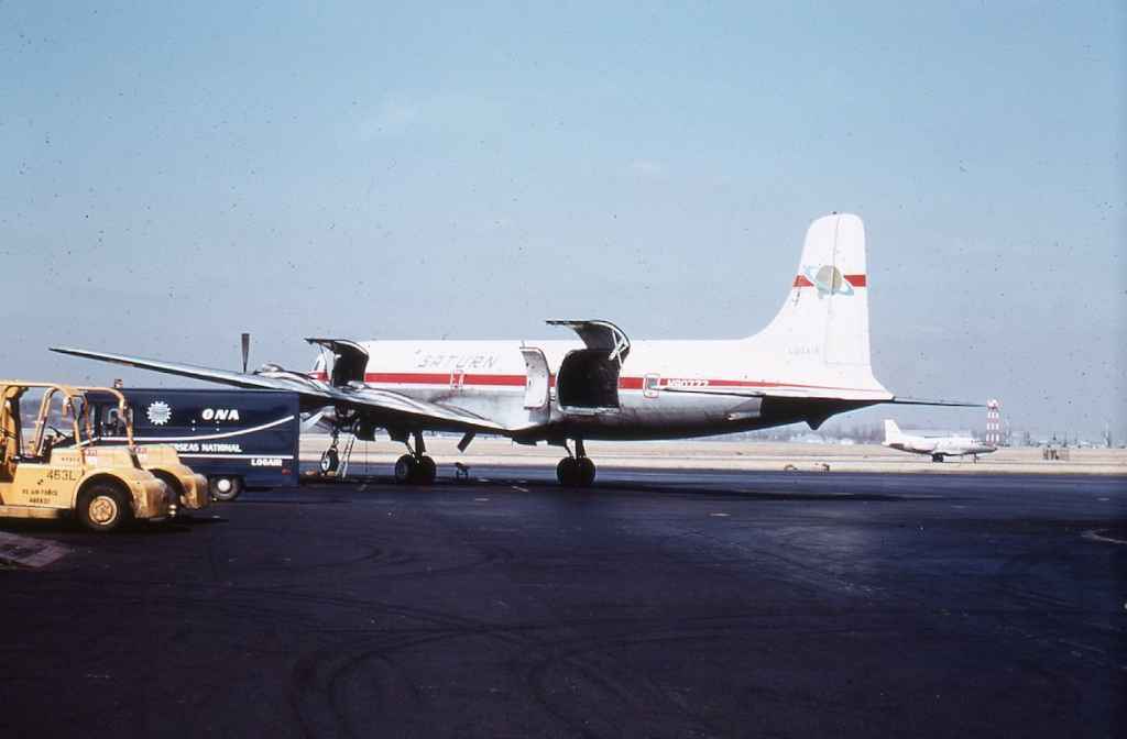 Saturn Airways DC-6A N90377 at Wright Patterson AFB in 1969.