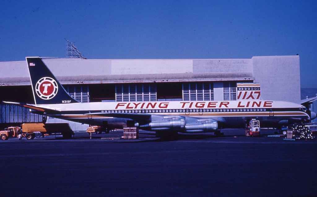 Flying Tiger Line Boeing 707-320C N319F in former British Caledonian colours circa late 1960s.