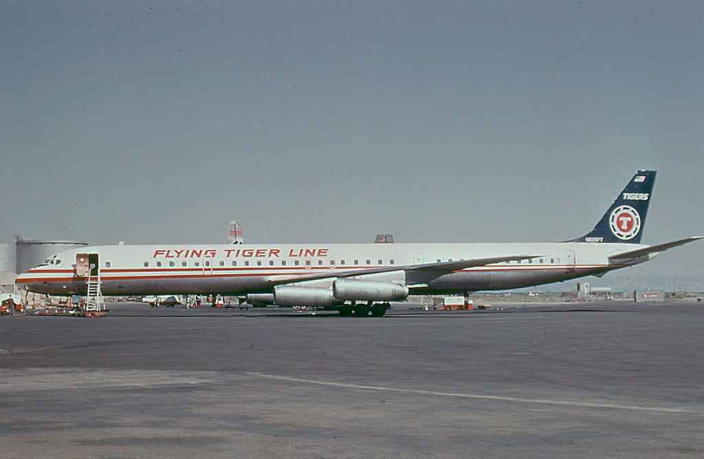 Flying Tiger Line DC-8-63 N626FT at San Francisco late 1960s after lease with Canadian Pacific Airlines.