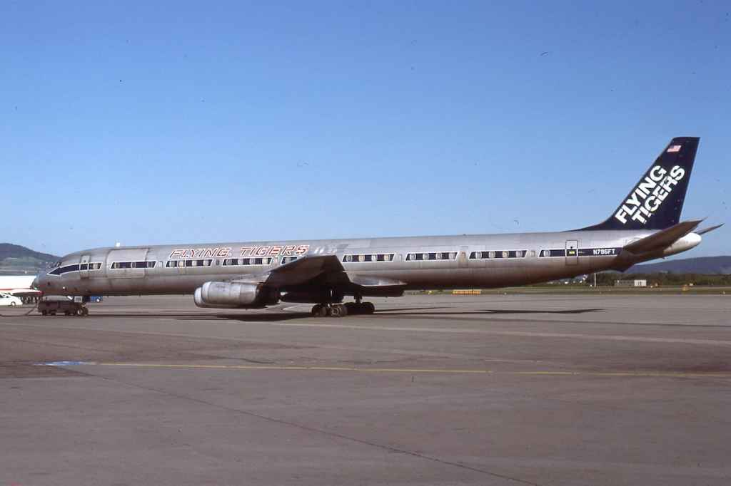 Flying Tigers DC-8-63 N795FT in full cargo configuration at Zurich Kolten airport May 1979.