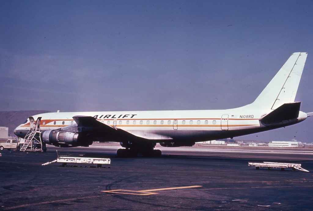 Airlift International DC-8-54F N108RD in former National Airlines colours circa mid 1970s.