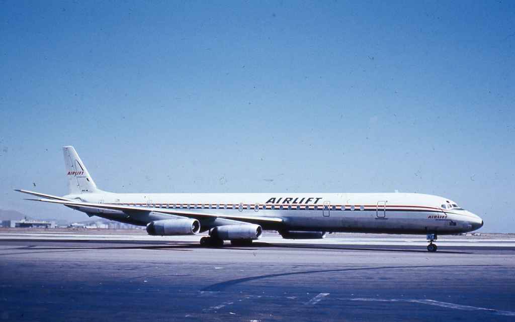 Airlift International DC-8-63 N163FT at San Francisco early 1970s.