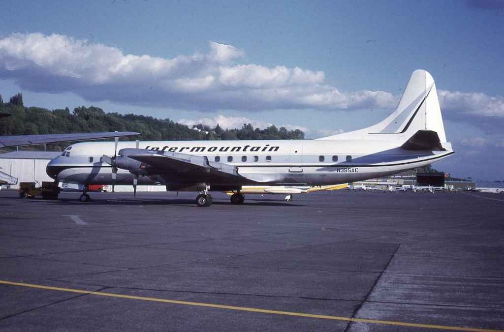 Intermountain L-188 Electra N385AC (former Air California) at Boeing Field in Seattle May 1973. (Dr. John Blatherwick slide)