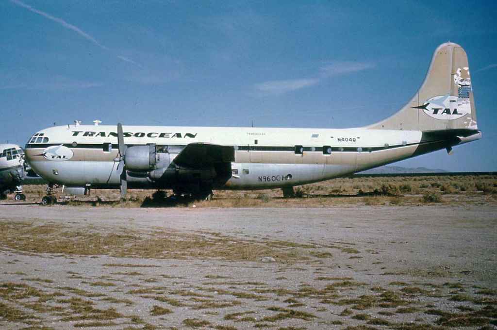 Transocean Boeing 377 Stratocruiser N404Q in storage at the Mojave desert circa mid to late 1960s.