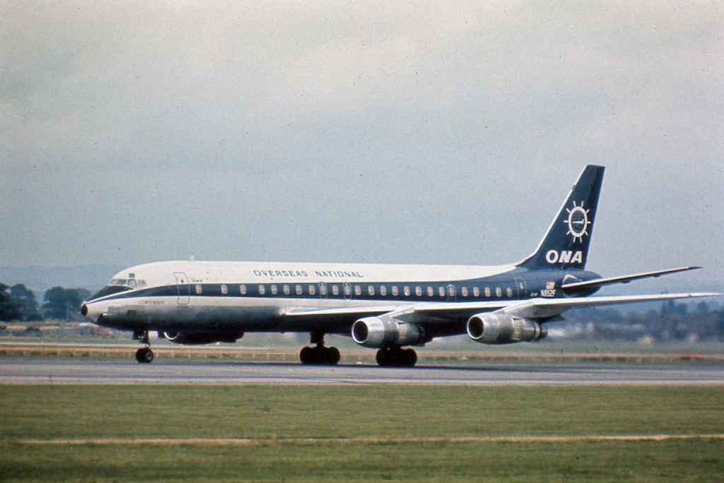 ONA Overseas National Airways DC-8-50 N852F possibly at London Gatwick, circa mid 1970s.