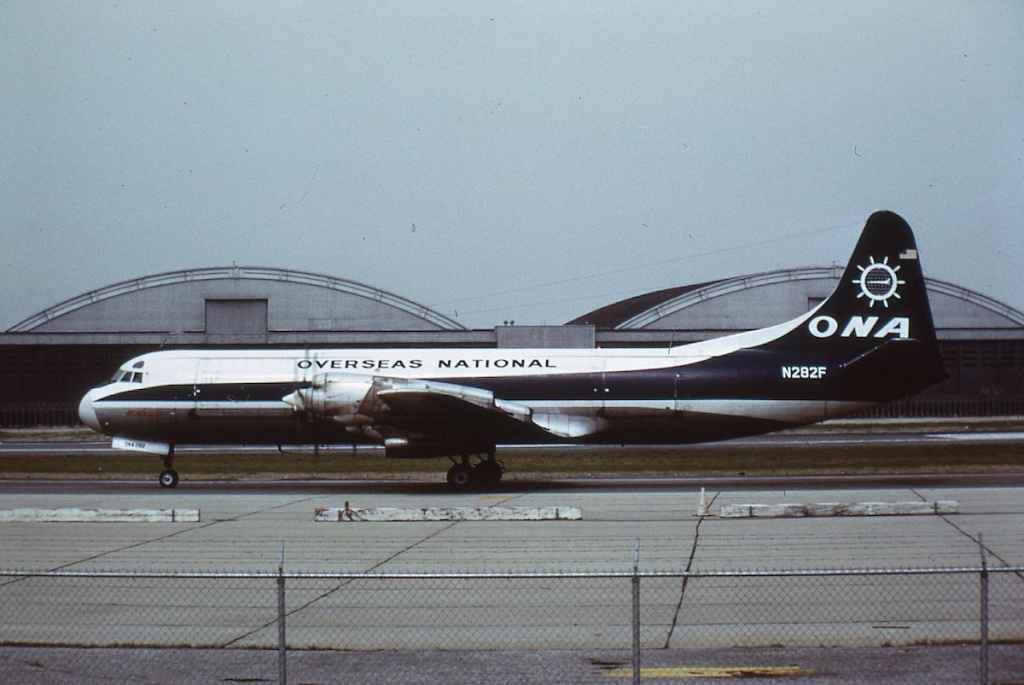 ONA Overseas National Airways L-188 Electra N282F at New York JFK circa mid 1970s.