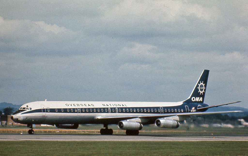 ONA Overseas National Airways DC-8-63 N793FT possibly at London Gatwick circa mid 1970s.