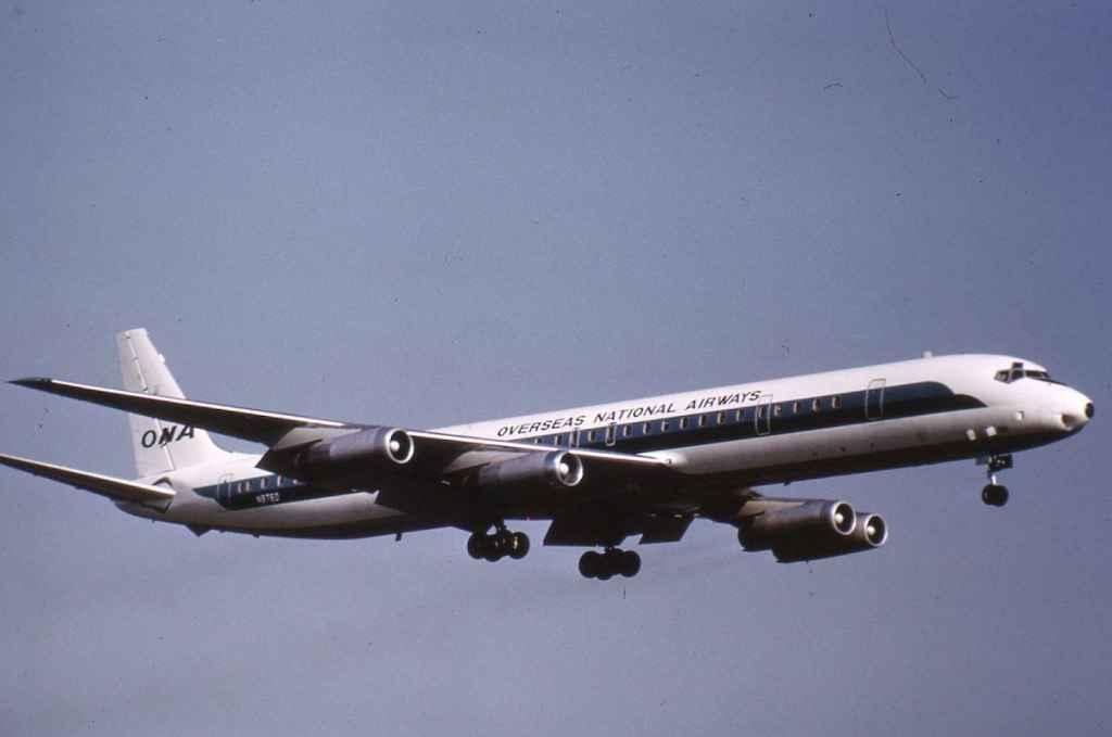 ONA Overseas National Airways DC-8-63 N8760 in former Eastern Airlines colours circa late 1960s.