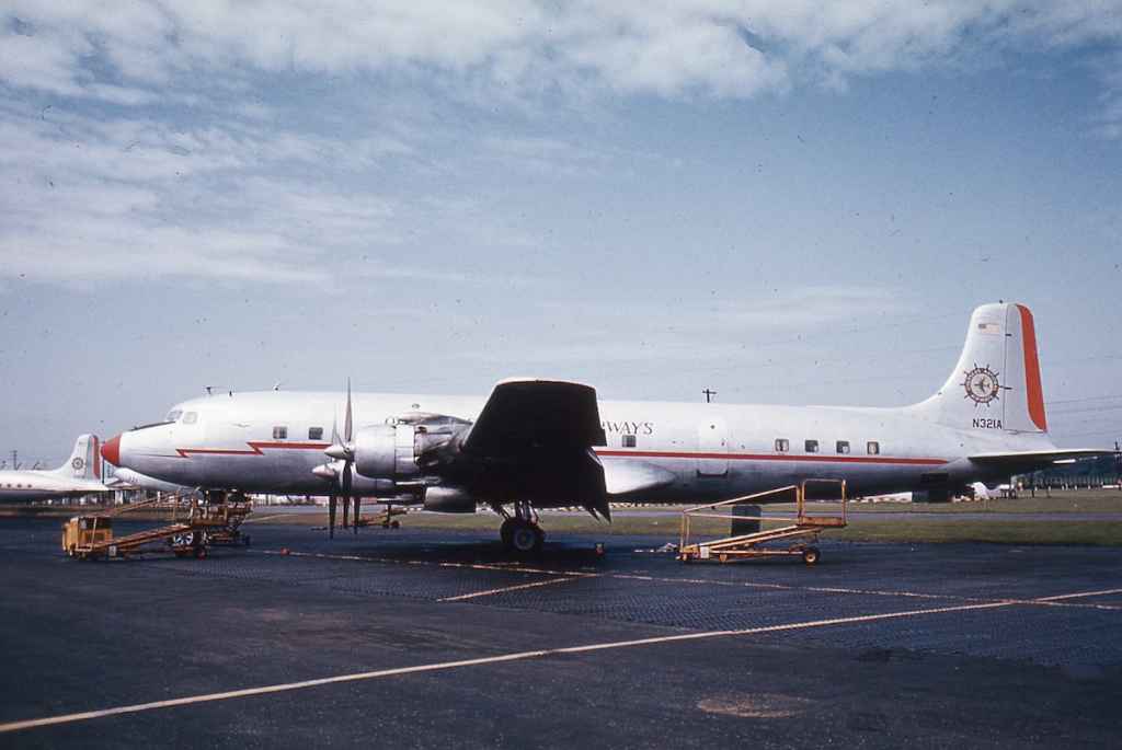 ONA Overseas National Airways DC-6 N321A possibly at Oakland circa early 1960s. In former American Airlines colours.