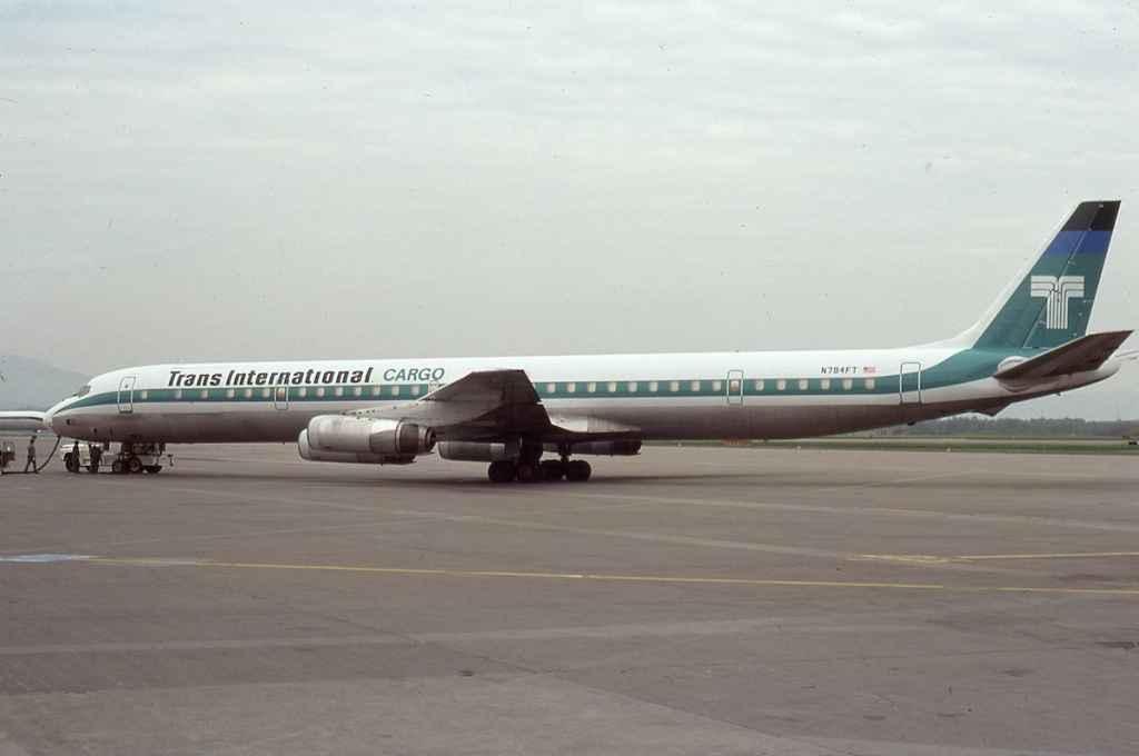 Trans International Cargo DC-8-63 N794FT at Zurich Kloten May 1978.