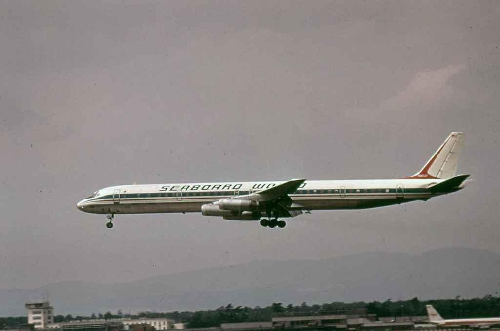 Seaboard World Airlines DC-8-63 N8637 landing at Frankfurt circa late 1960s. In the colours of Korean Air Lines.