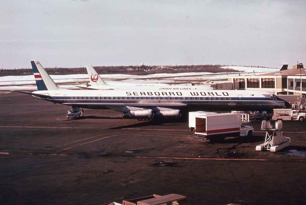 Seaboard World Airlines DC-8-63 N8639 at Anchorage circa late 1960s. In the colours of Loftleidir Icelandic.