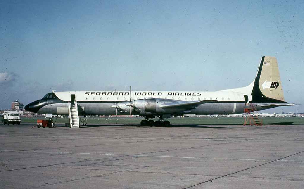 Seaboard World Airlines Canadair CL-44 N123SW at London Heathrow circa mid 1960s.