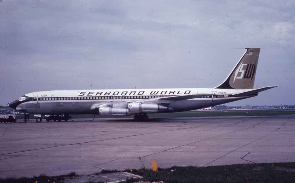 Seaboard World Boeing 707 N73225 at London Heathrow circa late 1960s.