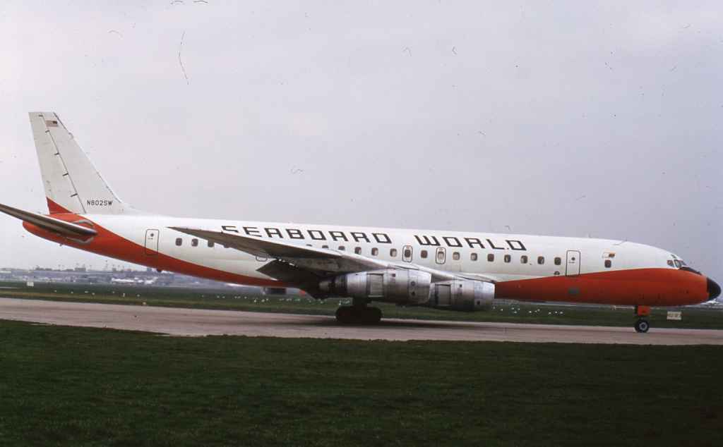 Seaboard World DC-8-55 N802SW at London Heathrow circa early 1970s.