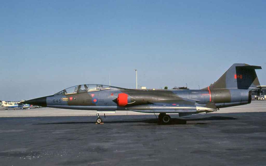 Canadian Armed Force CF104 Starfighter 104645 at Vancouver South Terminal June 1982.