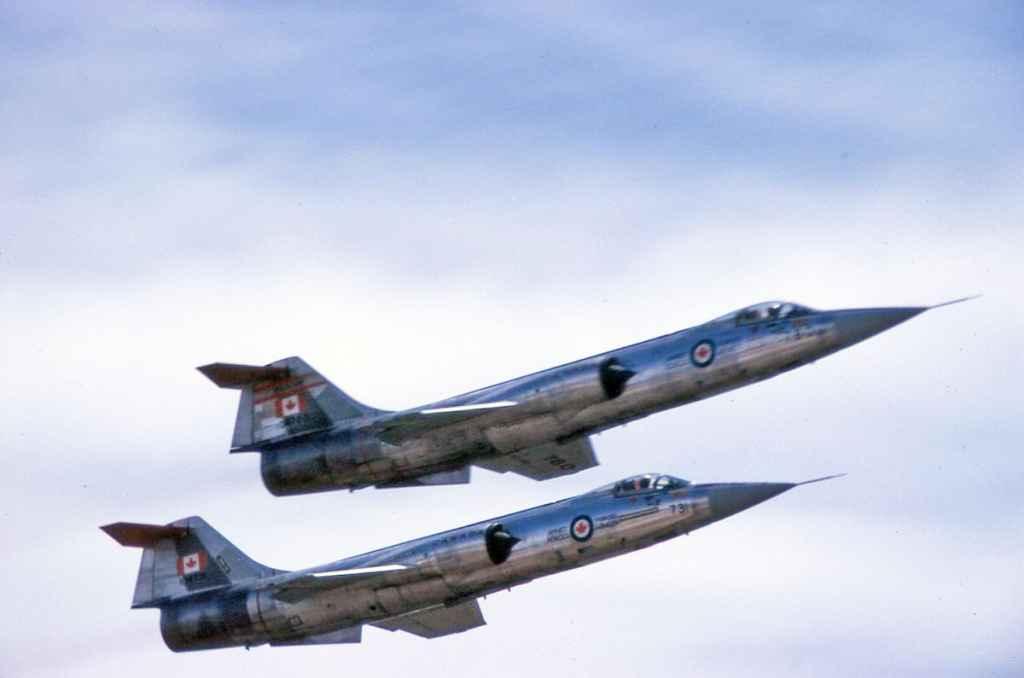 Canadian Armed Force CF104 Starfighter battle formation flypast at Abbotsford Airshow August 1975.