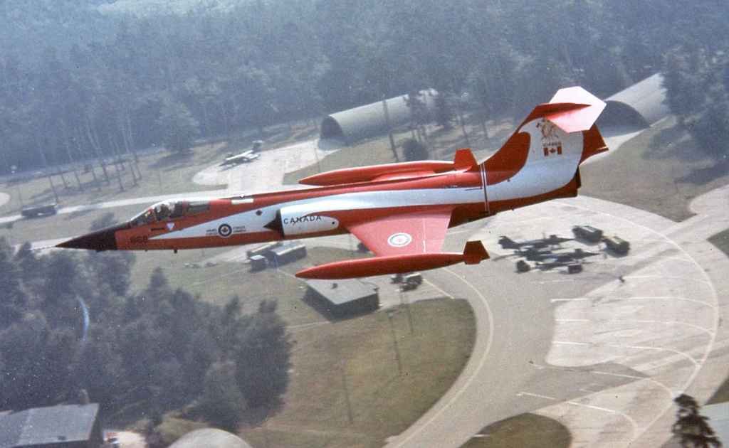 Canadian Armed Forces CF104 Starfighter 104868 special scheme inflight over Baden-Soelligen in 1984.