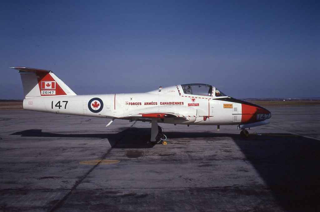 Canadian Armed Forces Canadair CL-41 Tutor 26147 possibly at Calgary March 1970.