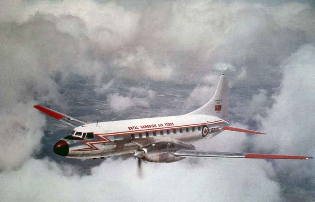 RCAF Eland powered Canadair built Convair 600 107 seen inflight in the early 1960s.