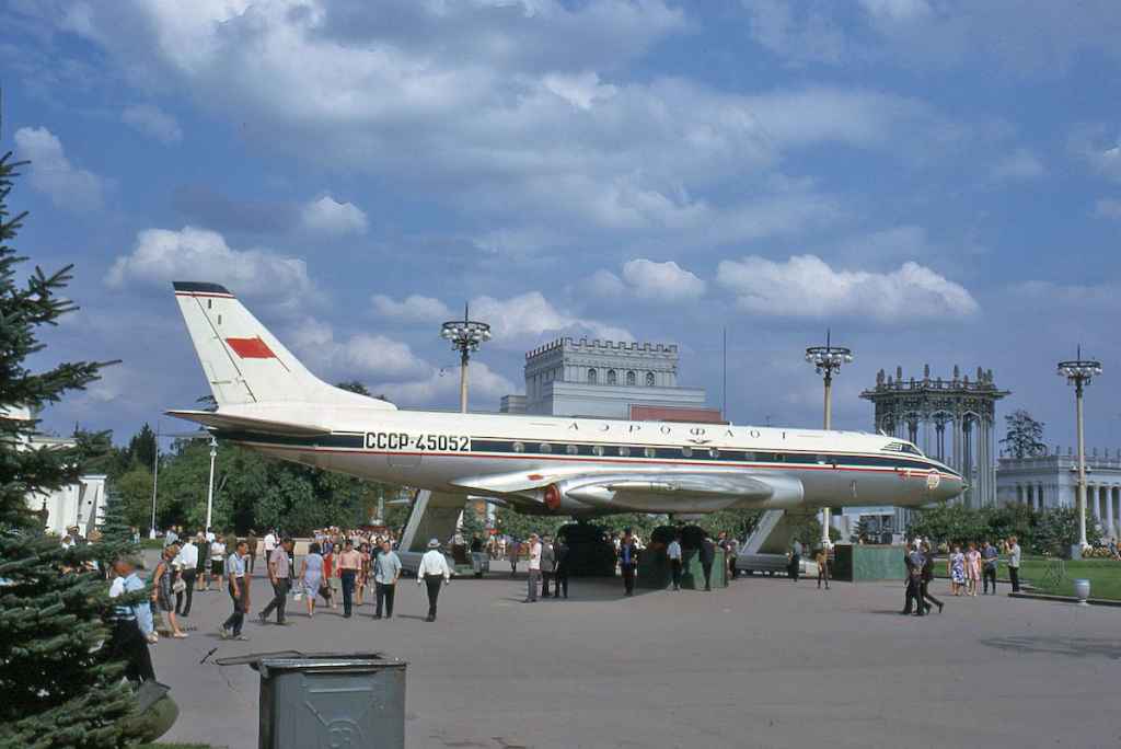 Aeroflot Tupolev Tu-134 on public display at the Economic Progress Exchange at Moscow on August 11, 1967.