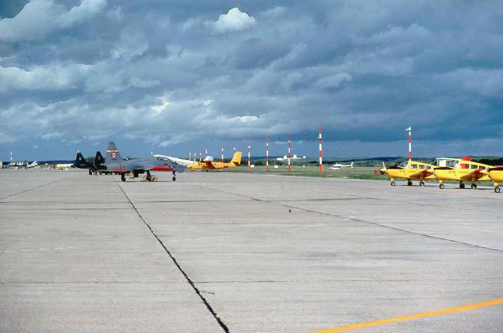 Canadian Armed Forces CF5s lined up at CFB Cold Lake July 1977.