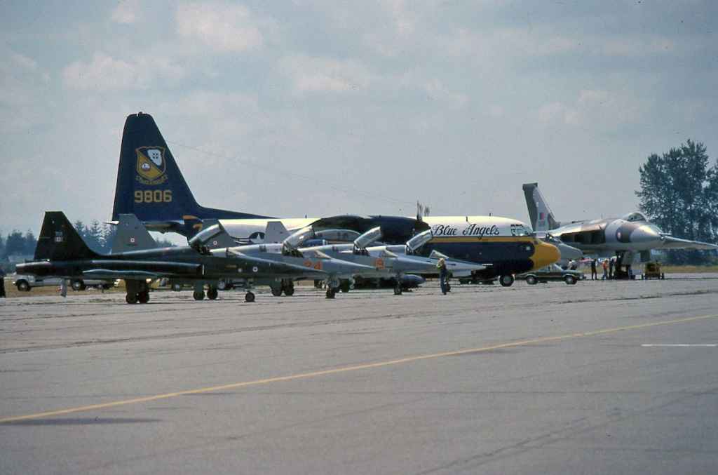 Canadian Armed Forces CF5s lined up at Abbotsford August 1978.