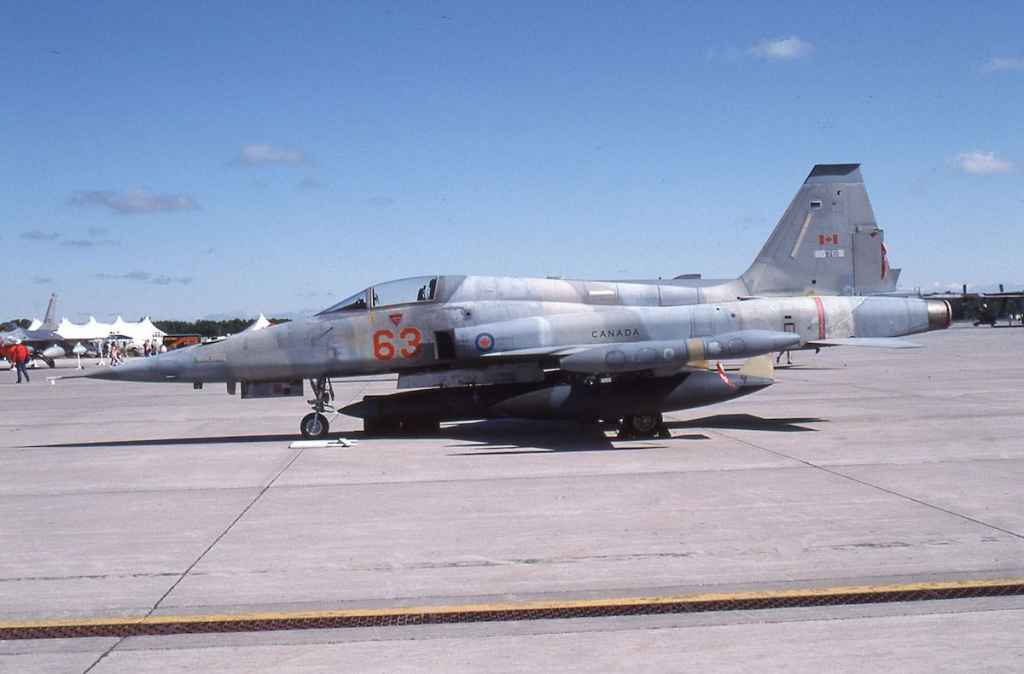 Canadian Armed Forces CF5 116763 with red flag on tail at CFB Trenton June 1996.