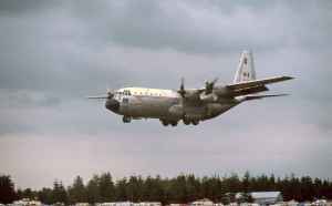 Canadian Armed Forces C130 Hercules 130323 arriving Abbotsford August 1976.