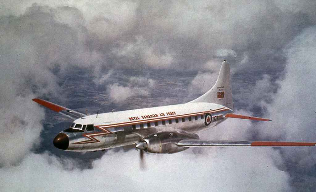 RCAF Royal Canadian Air Force Canadair CC-109 Cosmopolitan 109107 with Eland Napier engines air-to-air circa very early 1960s.