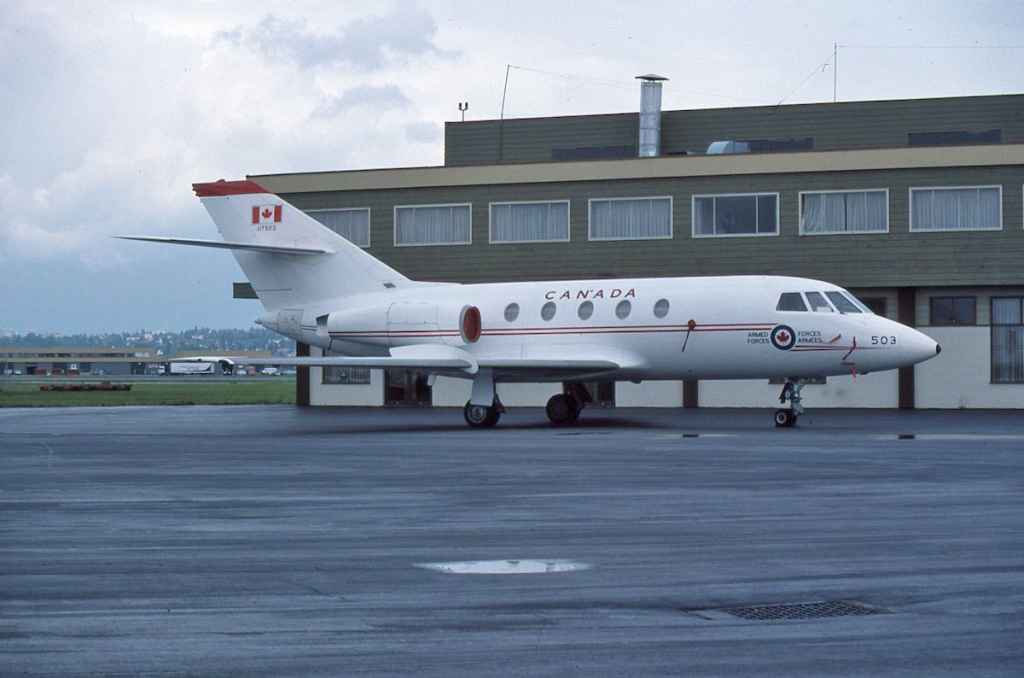 Canadian Armed Forces Falcon 117503 at YVR Shell Aerocentre (Jens ramp) June 1976.