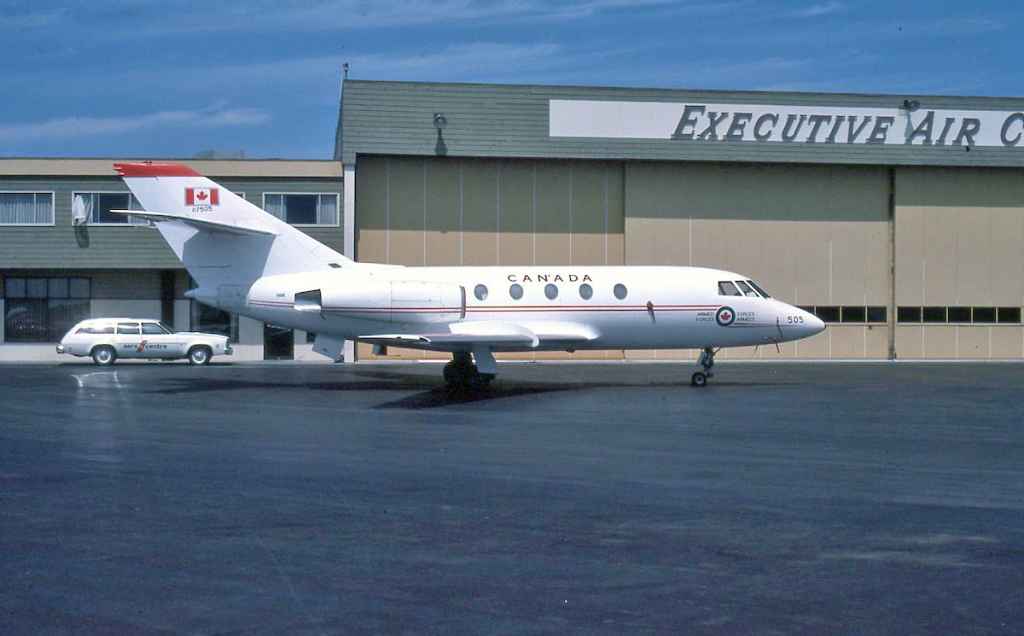 Canadian Armed Forces Falcon 117505 at YVR Shell Aerocentre (Jens ramp) July 1977.