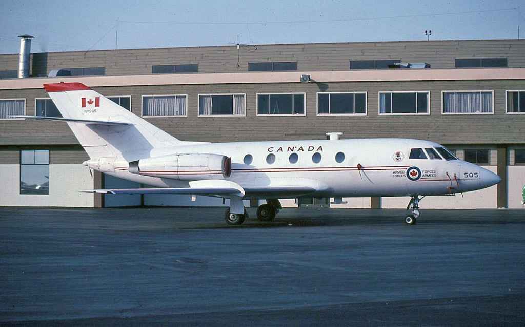Canadian Armed Forces Falcon 117505 at YVR Shell Aerocentre (Jens ramp) July 1979.
