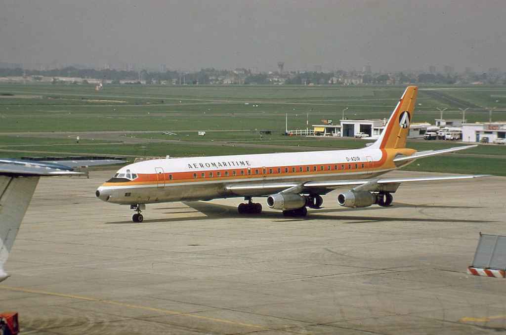 Aeromaritime DC-8-30 leased from Atlantis of Germany D-ADIR at Paris Orly airport September 1971.