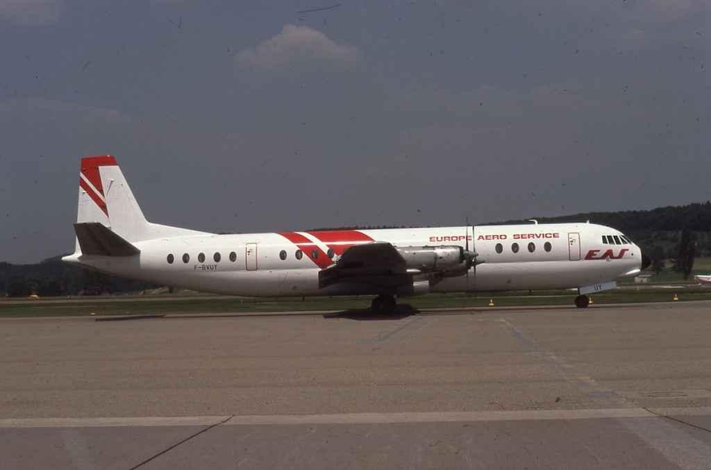 Europe Aero Service Vickers Vanguard F-BVUY at Zurich Kloten in July 1979.