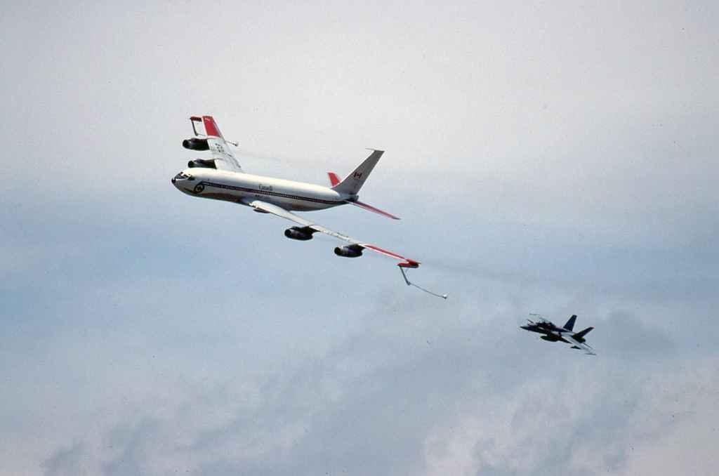 Canadian Armed Forces Boeing 707 CC-137 13705 with CF18 CFB Trenton flypast July 1994.