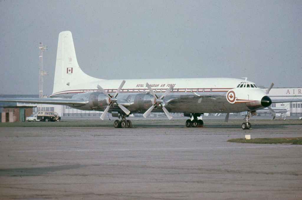 RCAF Royal Canadian Air Force Canadair Yukon 15929 at London Heathrow in the special one year only all red 1967 scheme.