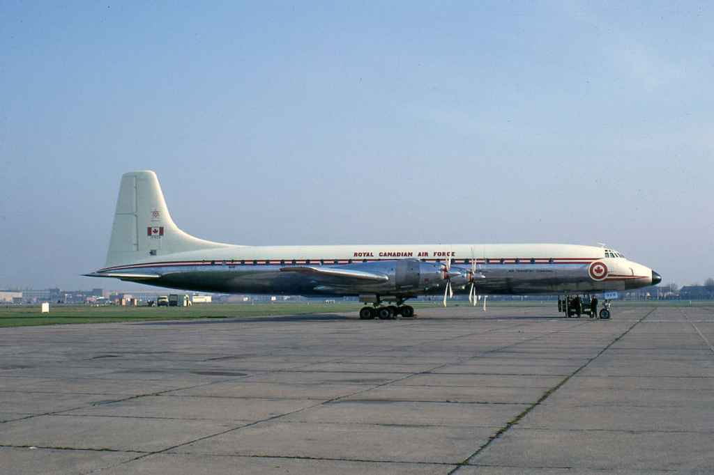 RCAF Royal Canadian Air Force Canadair CL-44 Yukon 15929 at London Heathrow in the special one year only all red 1967 scheme in November 1967.