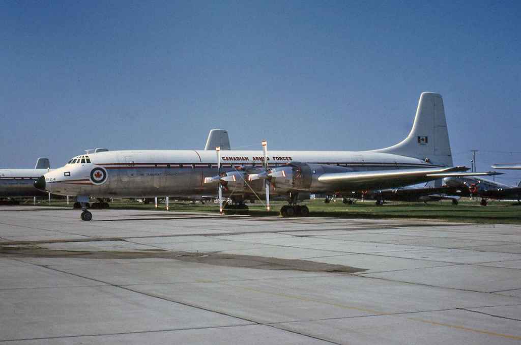 RCAF Royal Canadian Air Force Canadair CL-44 Yukon 106924 in storage at Saskatoon July 1971. The entire Canadian Forces Yukon was placed into storage at Saskatoon when the Boeing 707 fleet went into service in 1970-1971.