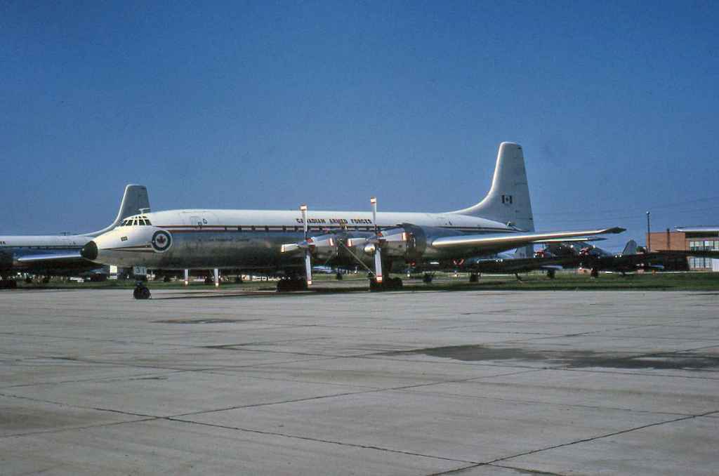 RCAF Royal Canadian Air Force Canadair CL-44 Yukon 106931 in storage at Saskatoon July 1971. The entire Canadian Forces Yukon was placed into storage at Saskatoon when the Boeing 707 fleet went into service in 1970-1971.