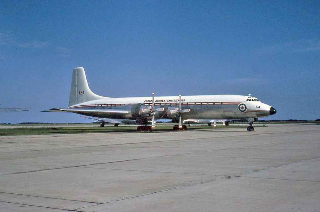RCAF Royal Canadian Air Force Canadair CL-44 Yukon 106926 in storage at Saskatoon July 1971. The entire Canadian Forces Yukon was placed into storage at Saskatoon when the Boeing 707 fleet went into service in 1970-1971.