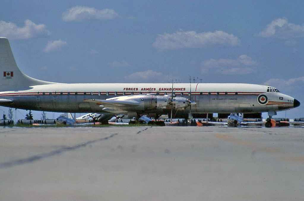 RCAF Royal Canadian Air Force Canadair CL-44 Yukon 106923 in storage at Saskatoon July 1971. The entire Canadian Forces Yukon was placed into storage at Saskatoon when the Boeing 707 fleet went into service in 1970-1971.