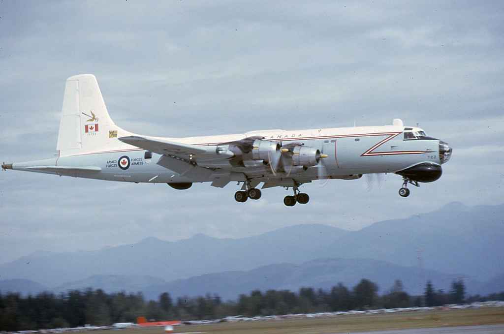 Canadian Armed Forces Canadair Argus 10722 landing at Abbotsford August 1975.