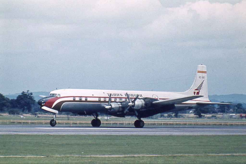 Trans Europa DC-7C EC-BCI possibly at Zurich circa 1960s.