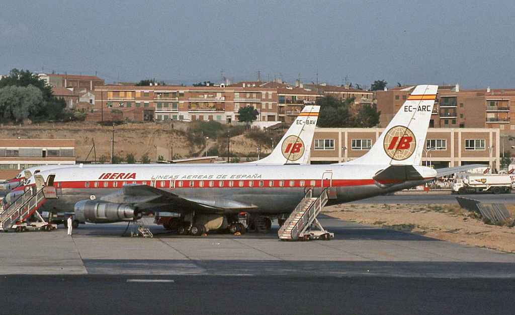 IBERIA DC-8-52 EC-ARC with sister ship EC-BAV at Madrid September 1971 (Jon Proctor Ektachrome slide).