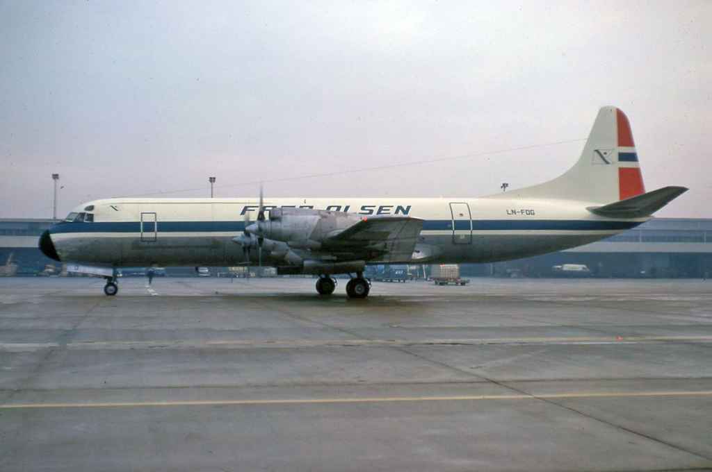 Fred Olsen Lockheed L-188 ELectra LN-FOG at London Heathrow 1973.