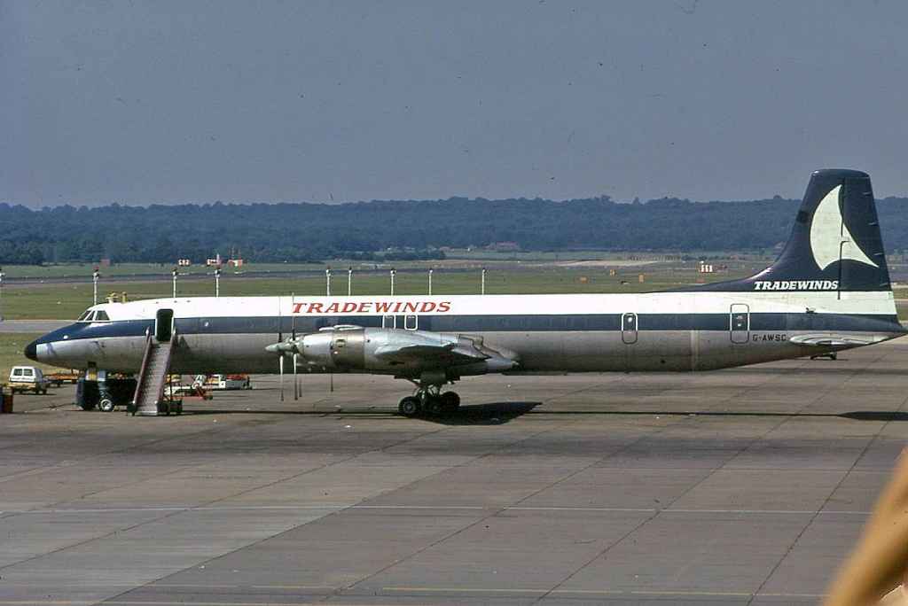 Tradewinds CL-44 G-AWSC at Gatwick July 1973.