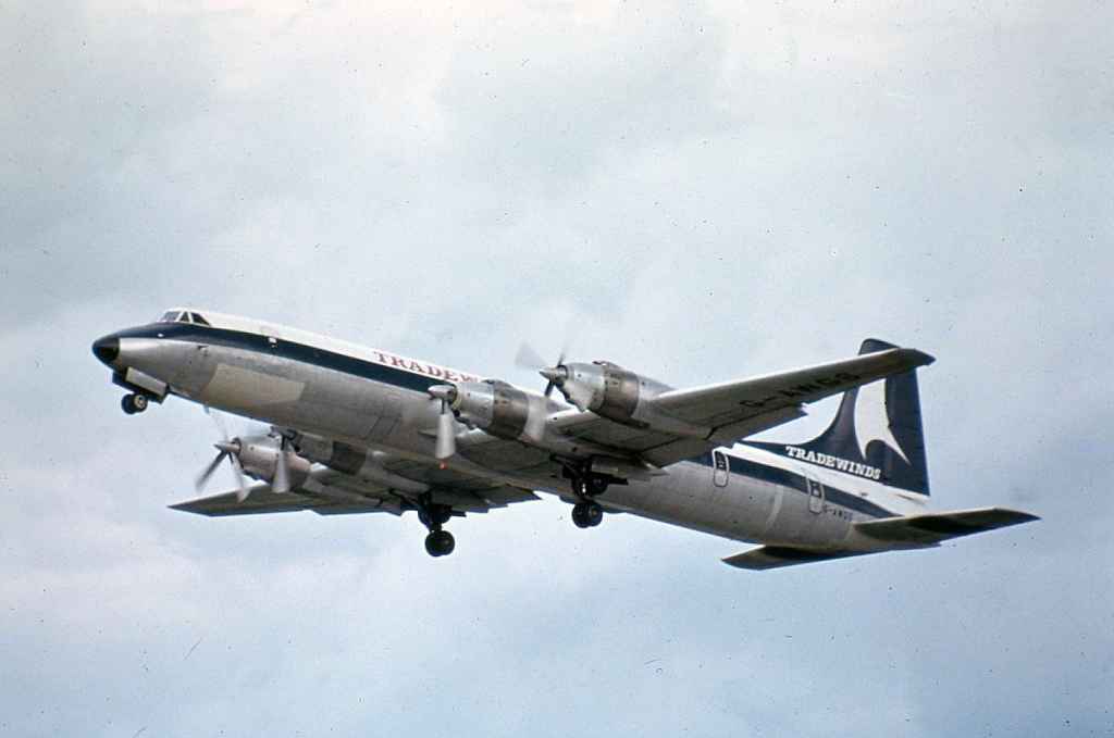 Tradewinds CL-44 G-AWDS departing Gatwick July 1973.